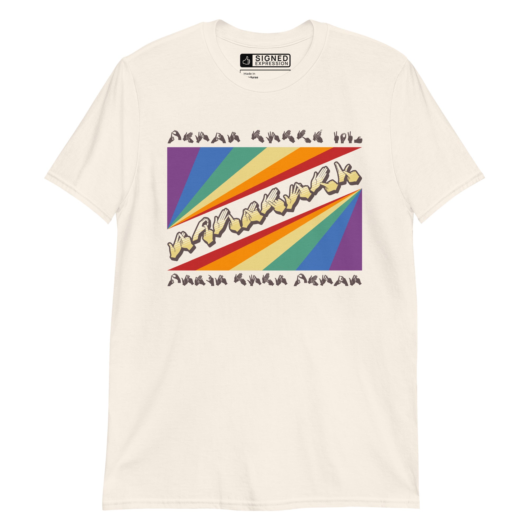 Natural t-shirt with pride rainbow spectrum of colours with the word Equality through the centre in BSL fingerspelling