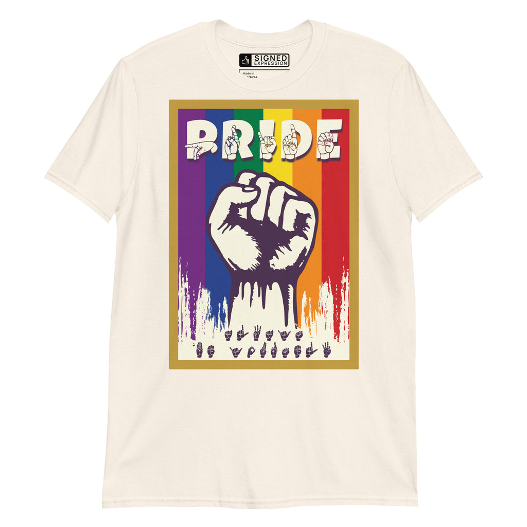 Natural t-shirt with pride solidarity design with ASL fingerspelling font