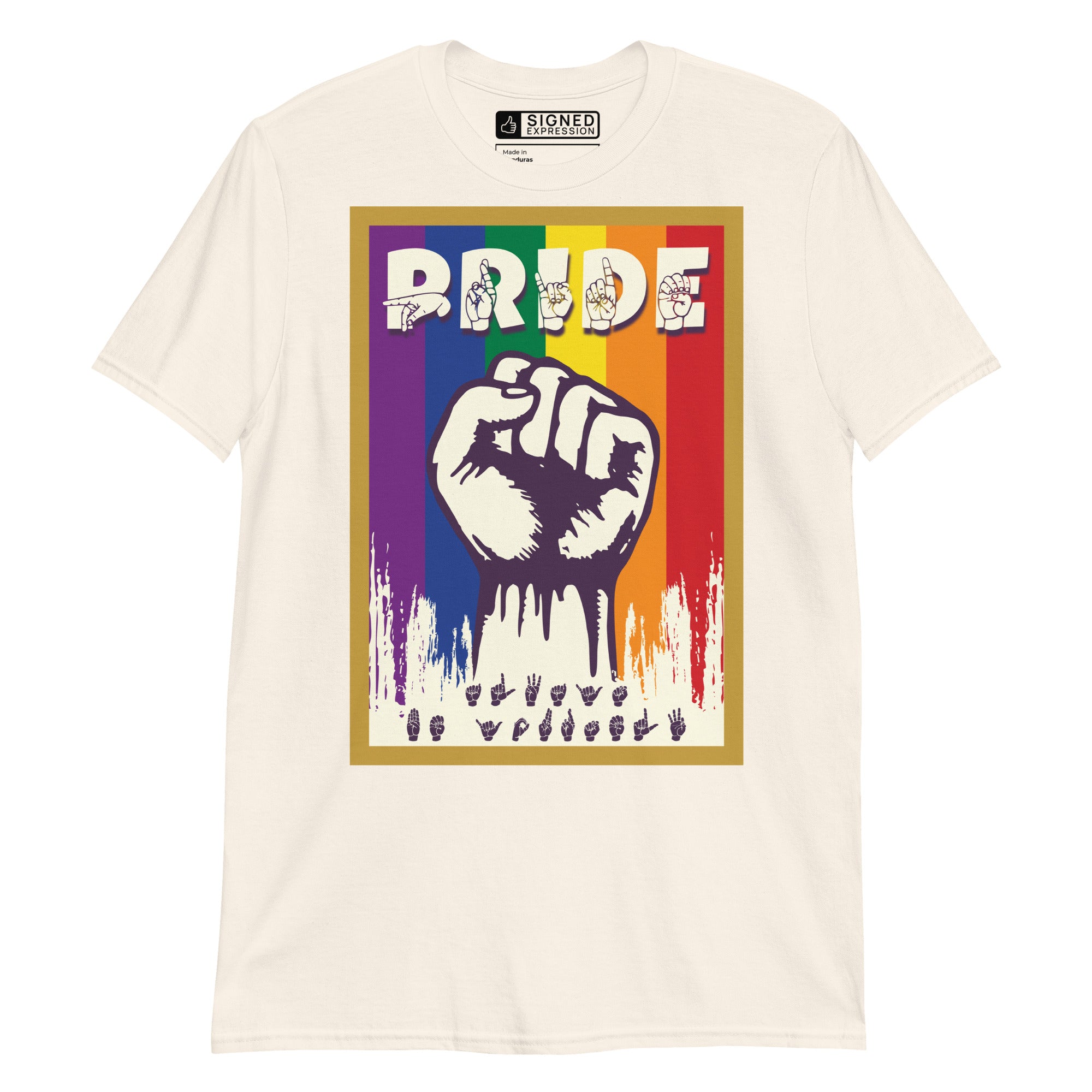 Natural t-shirt with pride solidarity design with ASL fingerspelling font