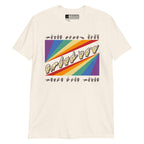 Natural t-shirt with pride rainbow spectrum of colours with the word Equality through the centre in ASL fingerspelling