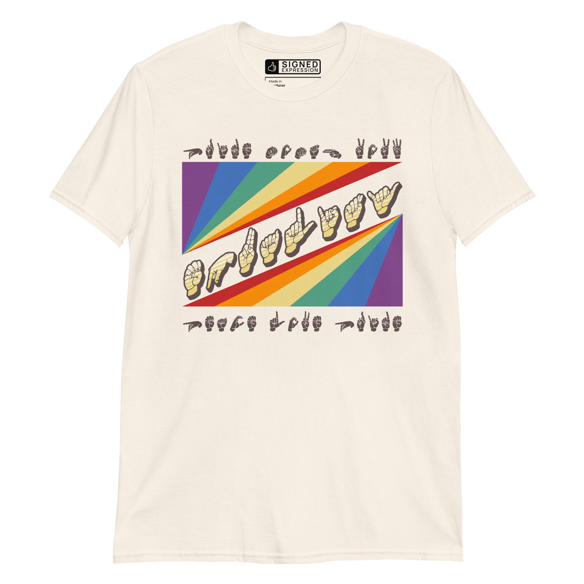 Natural t-shirt with pride rainbow spectrum of colours with the word Equality through the centre in ASL fingerspelling