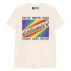 Natural t-shirt with pride rainbow spectrum of colours with the word Equality through the centre in ASL fingerspelling font