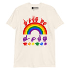 Natural t-shirt with pride rainbow surrounded by the phrase "Love Is Love" in ASL fingerspelling