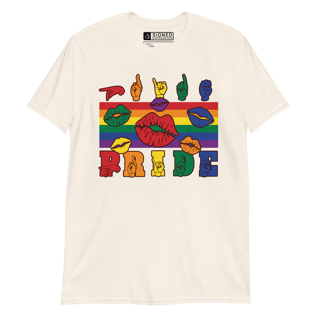 Natural t-shirt with pride rainbow stripes, colourful kissing lips and the word pride in ASL fingerspelling