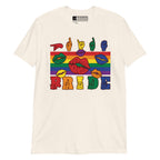 Natural t-shirt with pride rainbow stripes, colourful kissing lips and the word pride in ASL fingerspelling