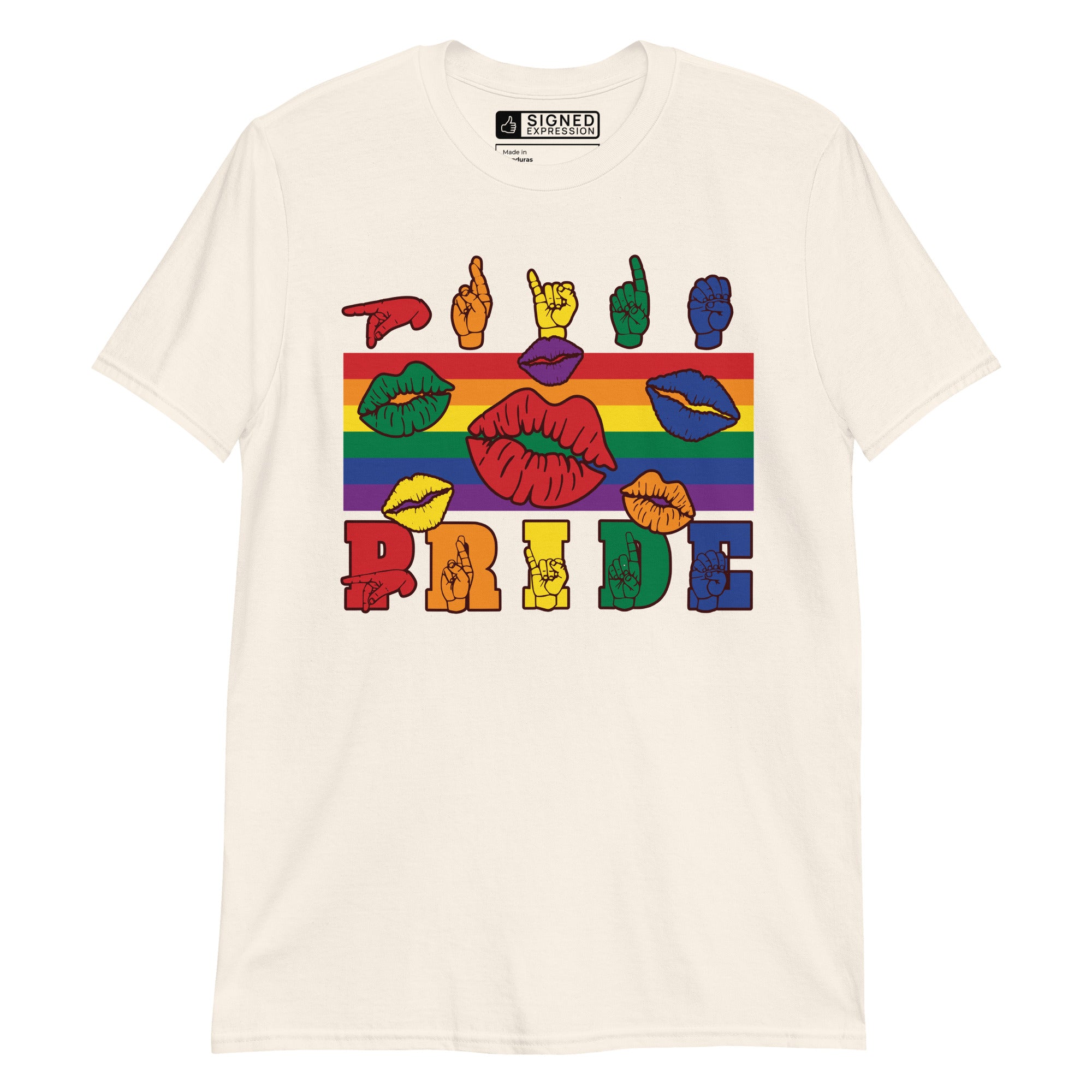 Natural t-shirt with pride rainbow stripes, colourful kissing lips and the word pride in ASL fingerspelling