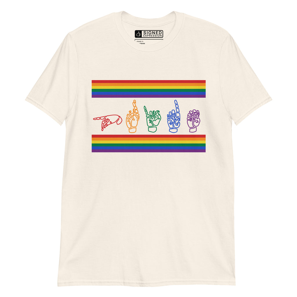 Natural t-shirt with pride rainbow stripes and the word pride in ASL fingerspelling