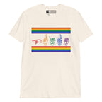 Natural t-shirt with pride rainbow stripes and the word pride in ASL fingerspelling