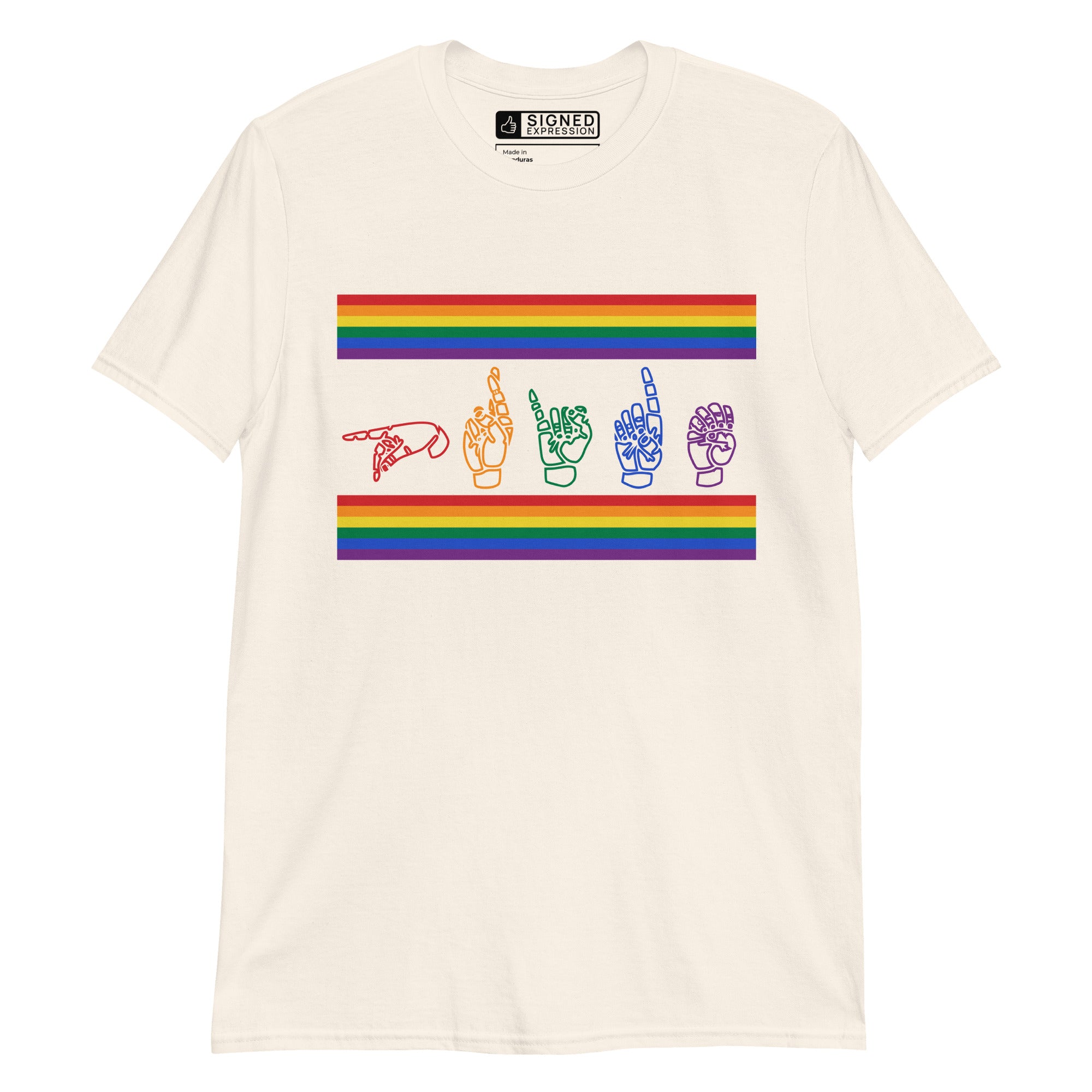 Natural t-shirt with pride rainbow stripes and the word pride in ASL fingerspelling