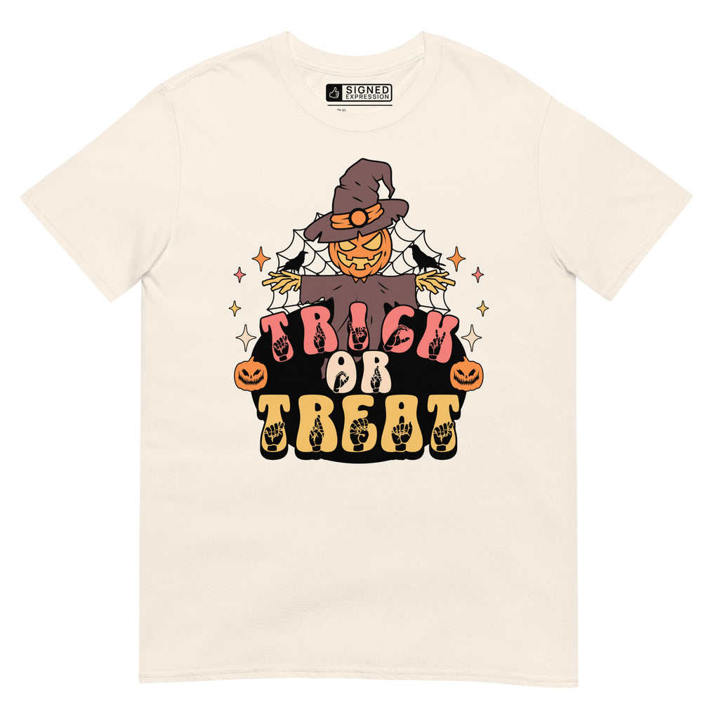 Natural Halloween scarecrow trick or treat t-shirt with ASL design.
