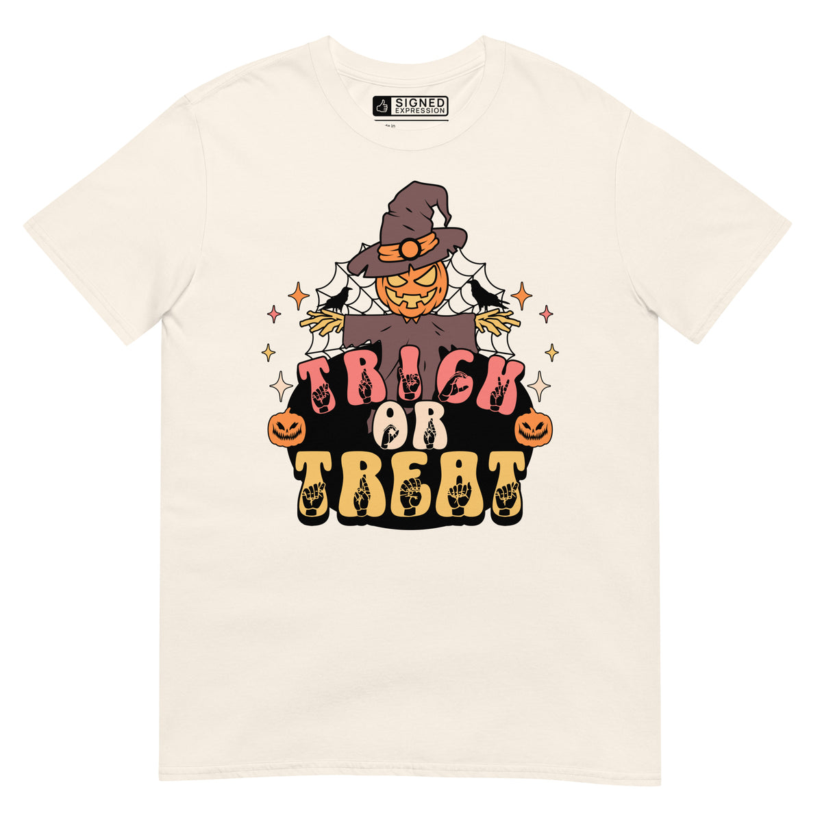 Natural Halloween scarecrow trick or treat t-shirt with ASL design.