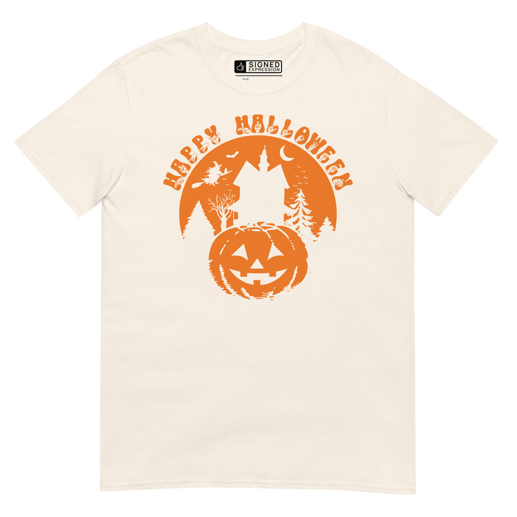 Natural Happy Halloween pumpkin haunted house t-shirt with ASL design