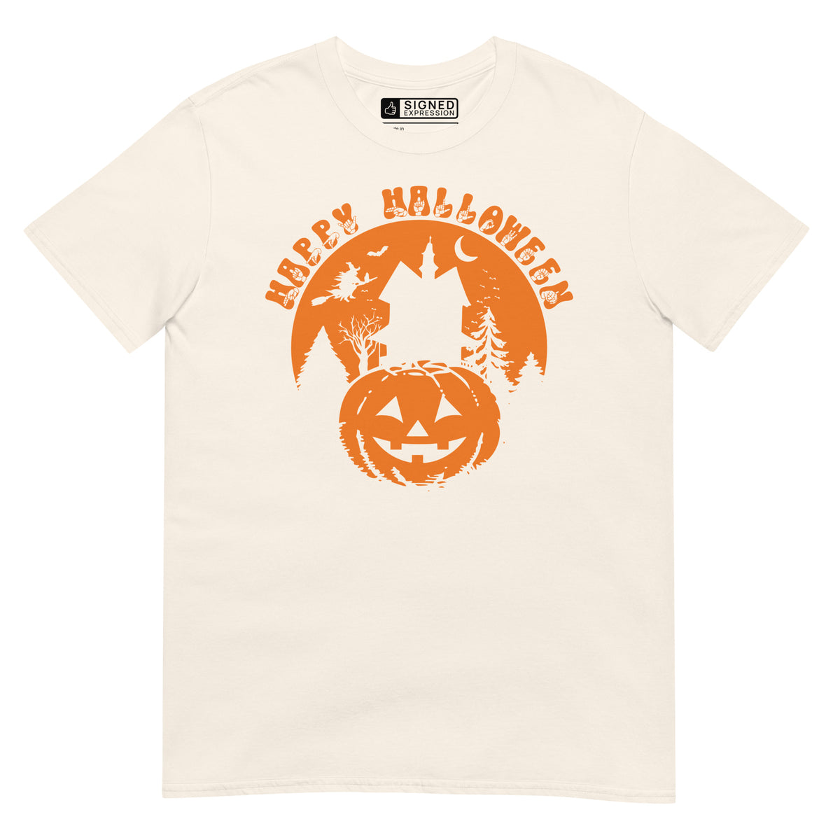 Natural Happy Halloween pumpkin haunted house t-shirt with ASL design
