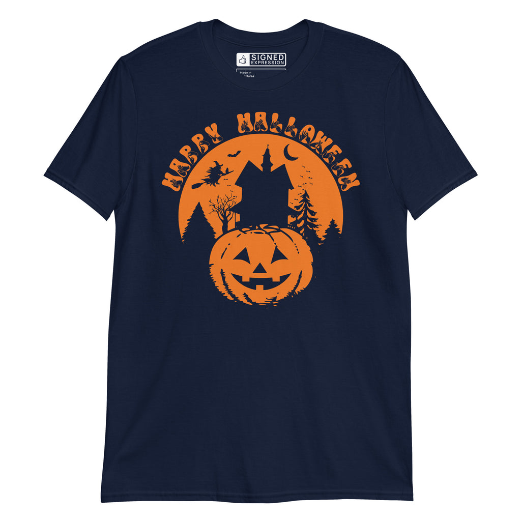 Navy coloured kids Happy Halloween pumpkin haunted house t-shirt with BSL design.