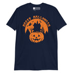 Navy Happy Halloween pumpkin haunted house t-shirt with BSL design.