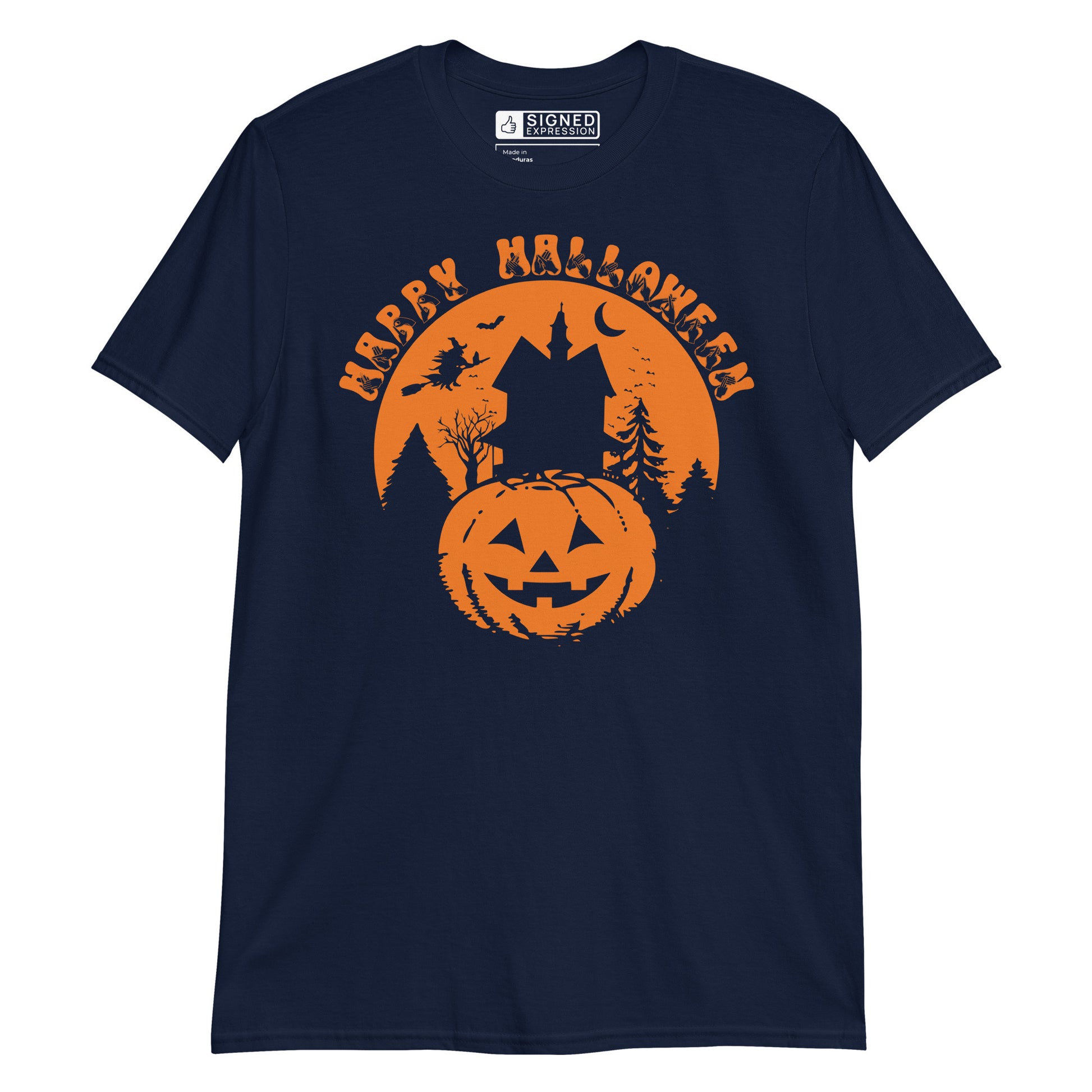 Navy coloured kids Happy Halloween pumpkin haunted house t-shirt with BSL design.