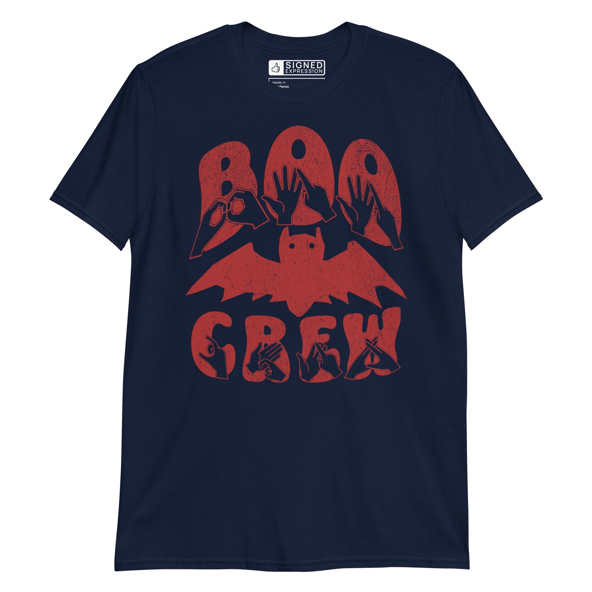 Navy coloured kids Boo Crew bat Halloween t-shirt with BSL design.
