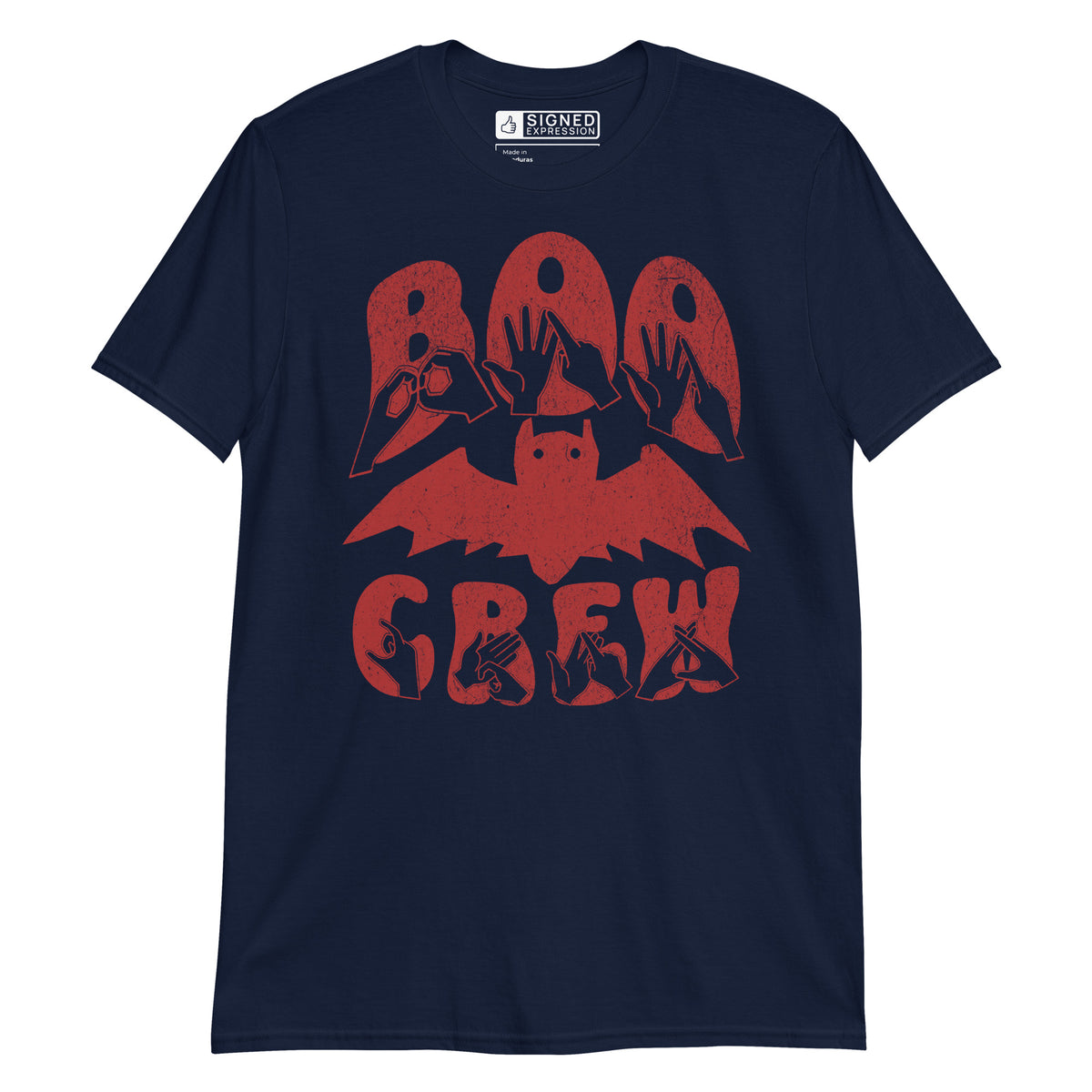 Navy Boo Crew bat Halloween t-shirt with BSL design.