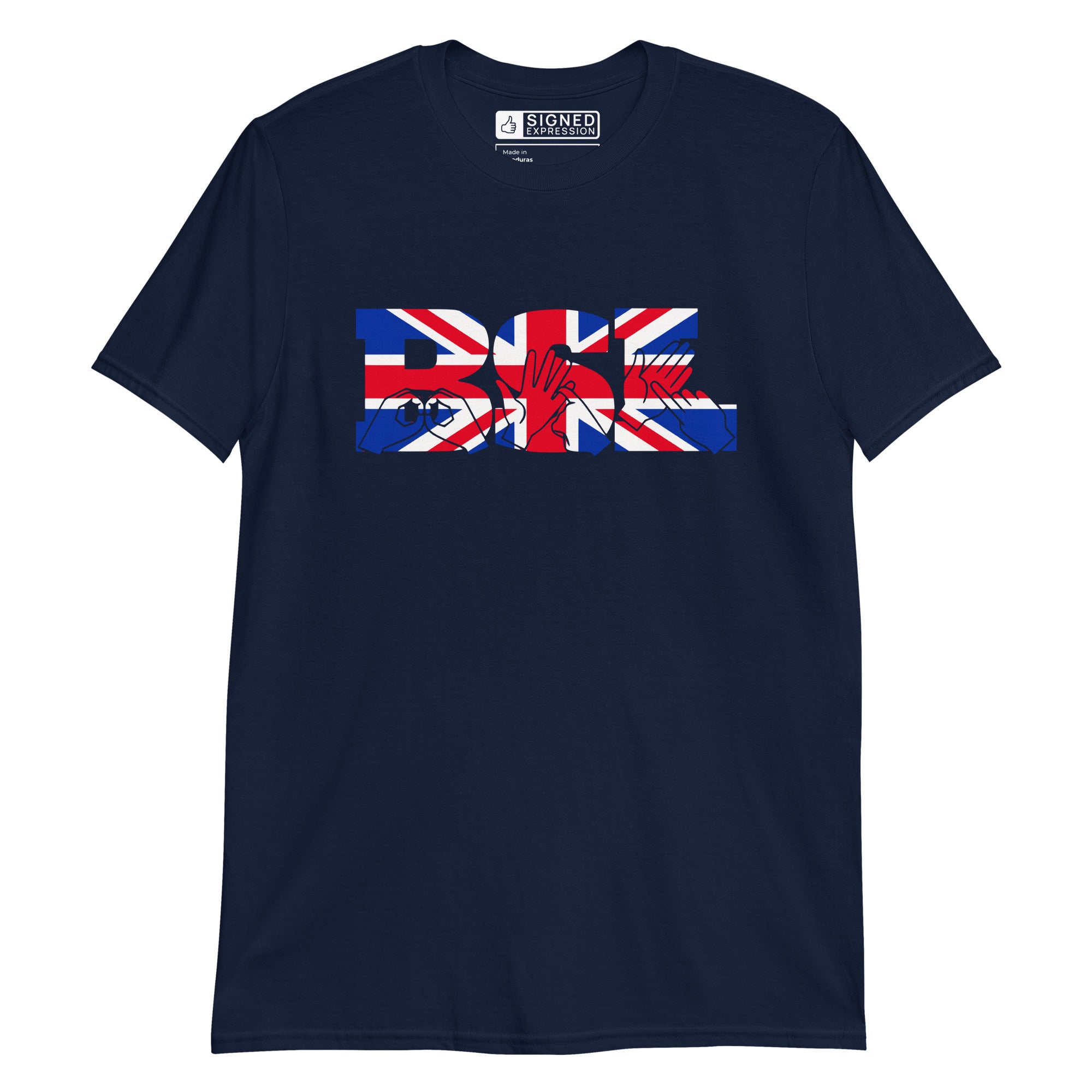 Navy t-shirt with ‘BSL’ shown in British Sign Language fingerspelling and text, in red, white, and blue Union Flag colours