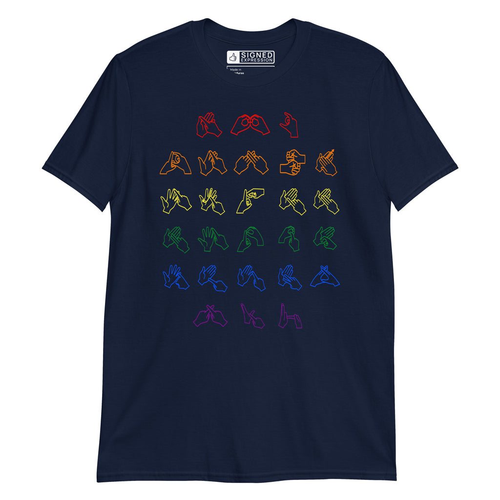 Front view of a navy t-shirt with BSL Alphabet - Pride Fingerspelling