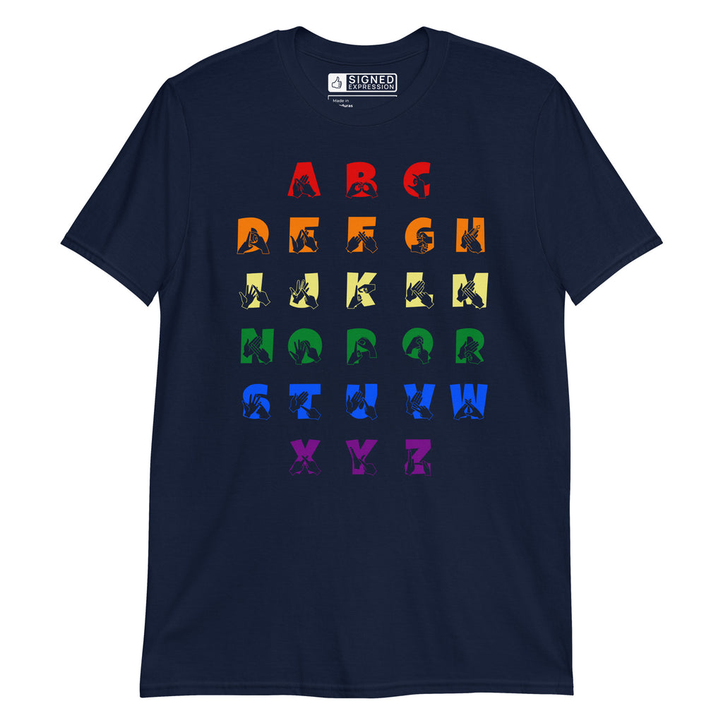 Front view of a navy t-shirt with BSL Alphabet - Pride Fingerspelling & Text