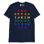 Front view of a navy t-shirt with BSL Alphabet - Pride Fingerspelling & Text
