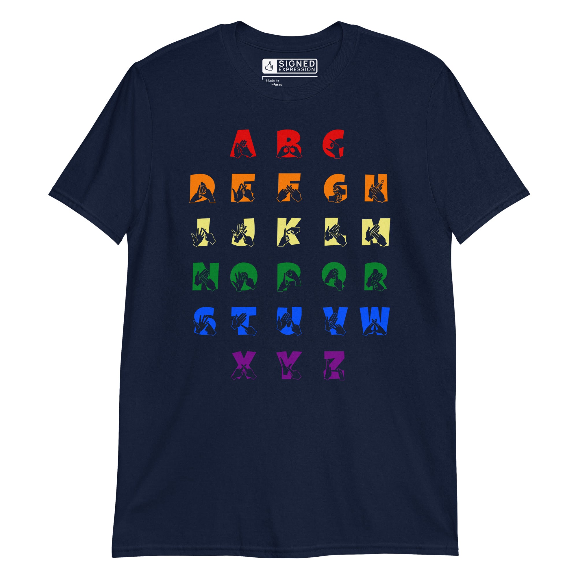 Front view of a navy t-shirt with BSL Alphabet - Pride Fingerspelling & Text