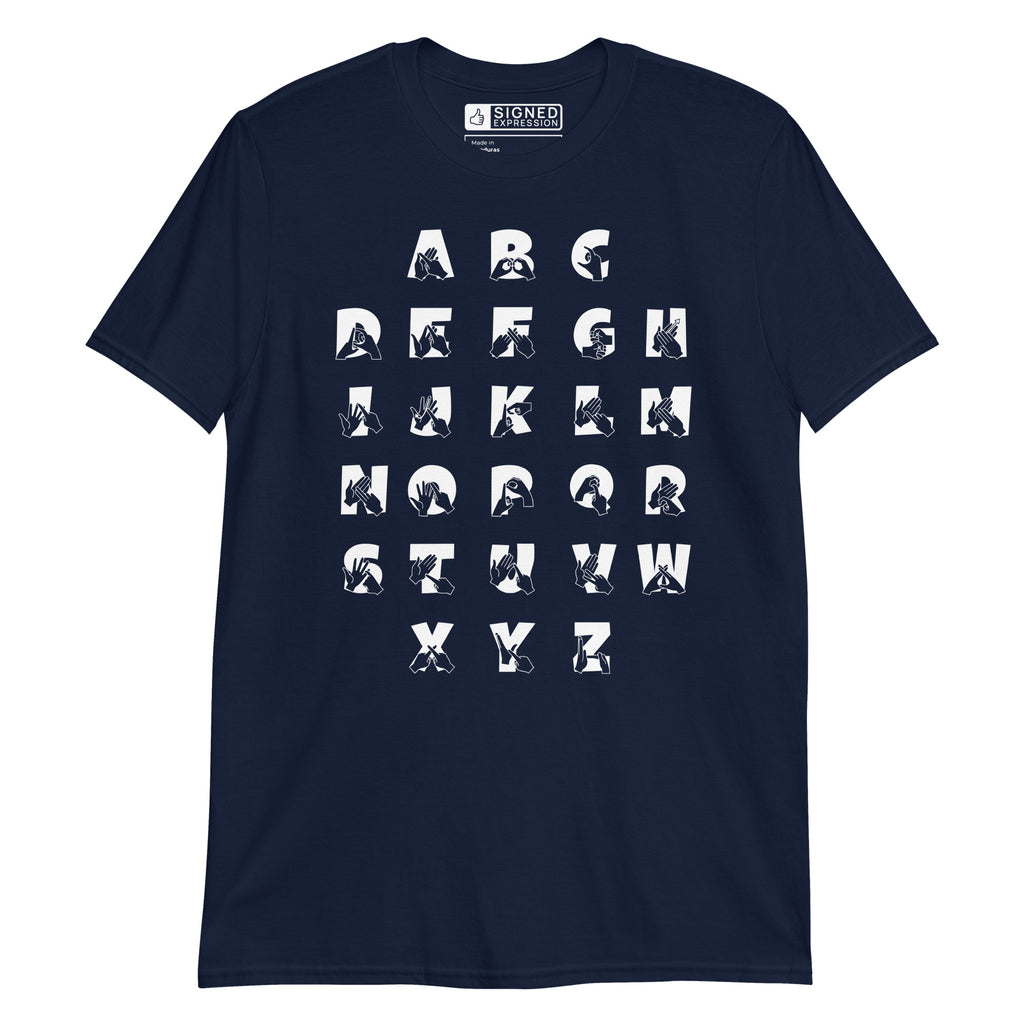 Front view of a navy t-shirt with BSL Alphabet - White Fingerspelling & Text