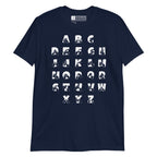 Front view of a navy t-shirt with BSL Alphabet - White Fingerspelling & Text