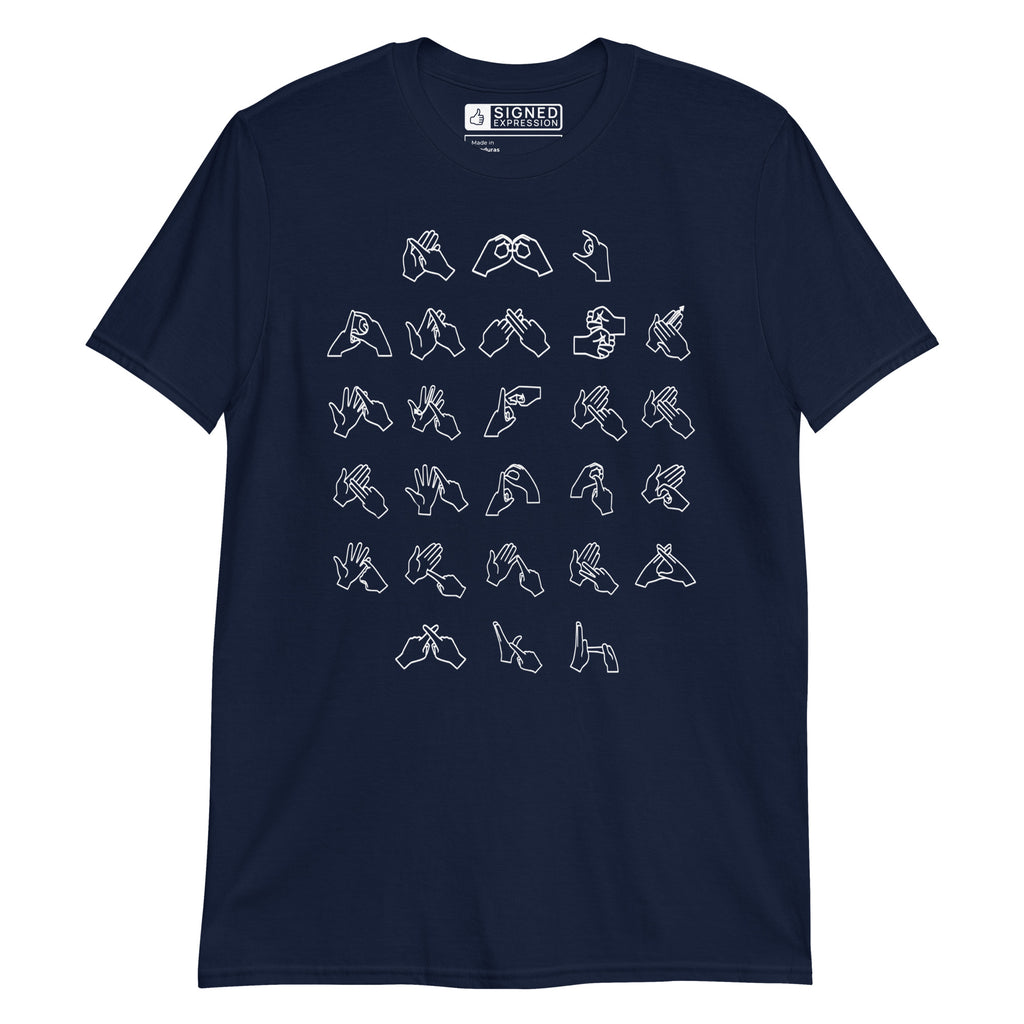 Front view of a navy t-shirt with BSL Alphabet - White Fingerspelling