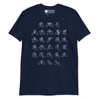 Front view of a navy t-shirt with BSL Alphabet - White Fingerspelling