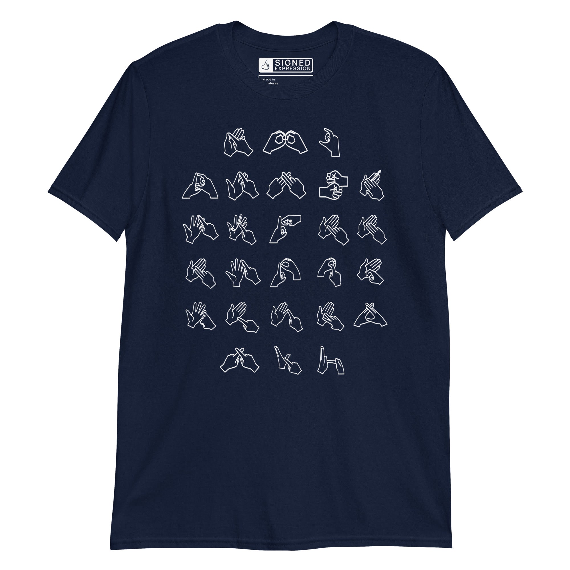 Front view of a navy t-shirt with BSL Alphabet - White Fingerspelling