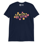 Front view of a navy T-Shirt with the phrase Always Be Kind in BSL fingerspelling and text combined with floral design