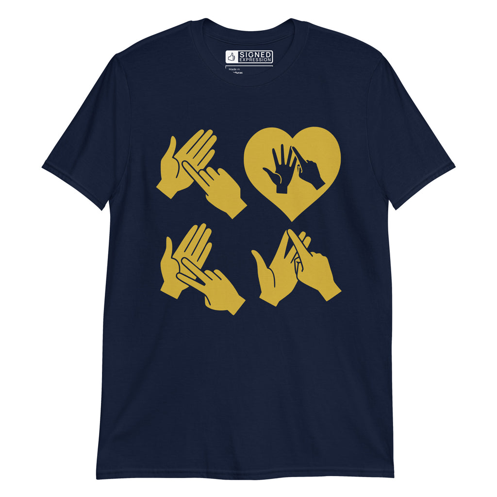 Navy coloured  T-Shirt with the word Love in gold BSL Fingerspelling with the 'O' embedded in a heart shape