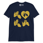 Navy coloured  T-Shirt with the word Love in gold BSL Fingerspelling with the 'O' embedded in a heart shape