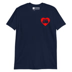 Navy coloured T-Shirt showing a red coloured heart and the iconic BSL Love sign embedded in it on the left side of the chest