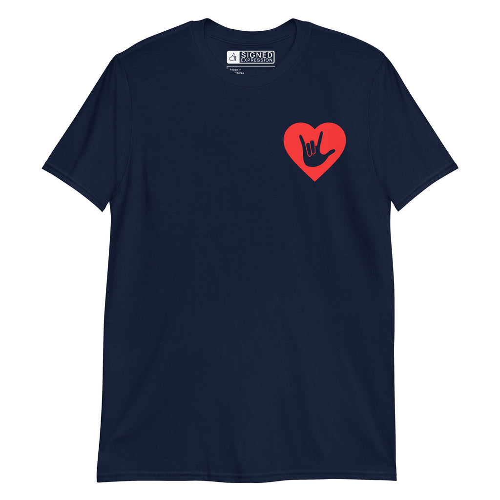 Navy coloured T-Shirt showing a red coloured heart and the iconic ASL I Love You sign embedded in it on the left side of the chest