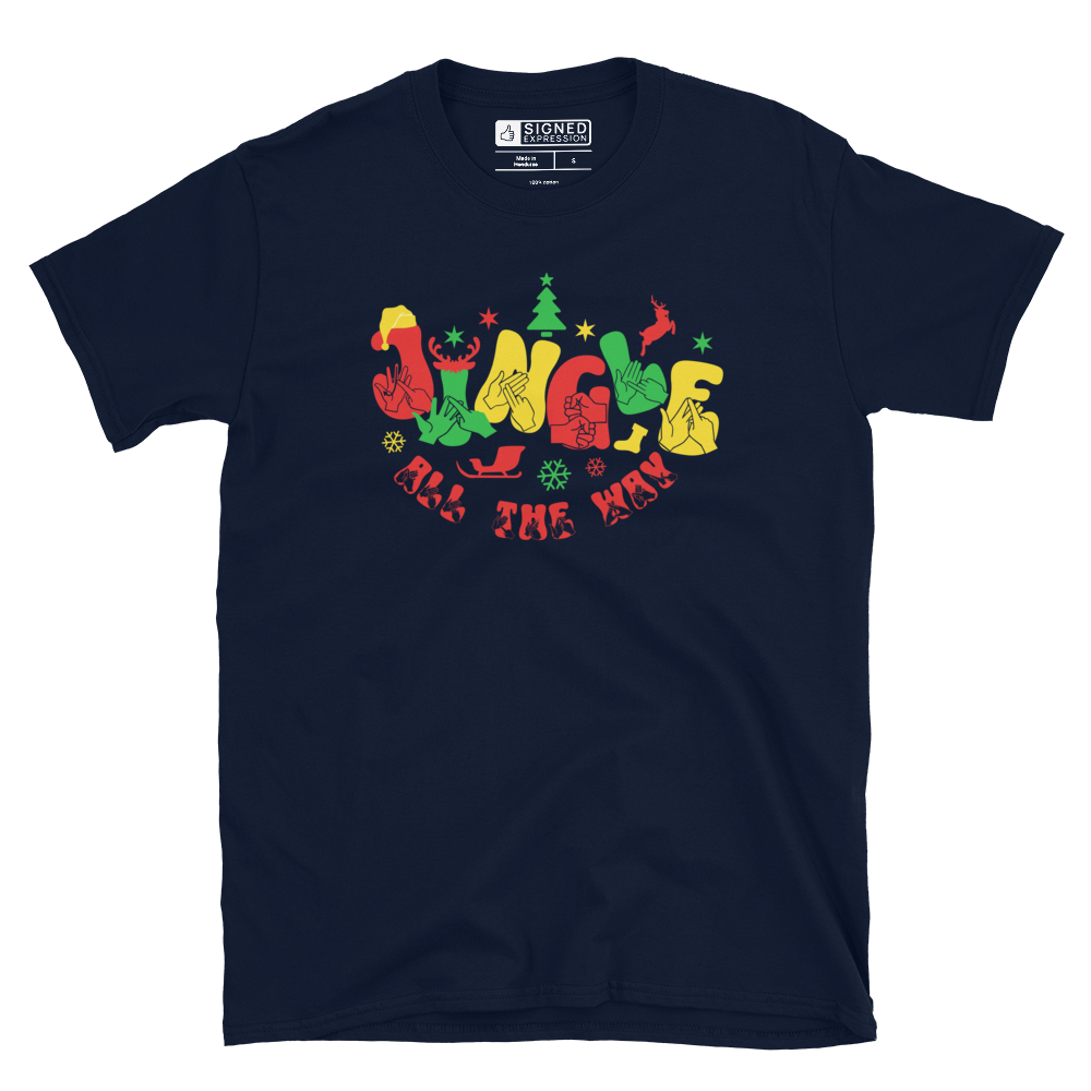 Navy coloured jingle all the way t-shirt with BSL design.