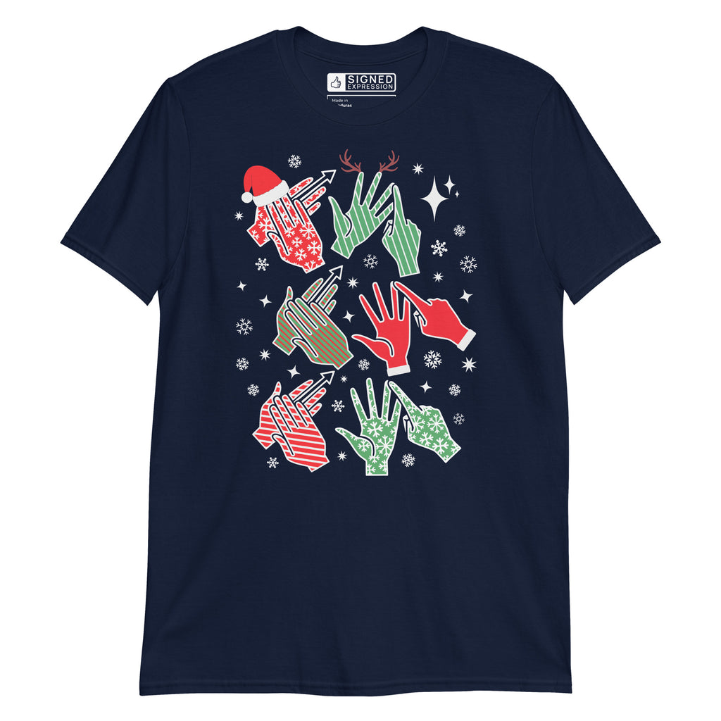 Navy coloured t-shirt with Ho Ho Ho BSL fingerspelling design.