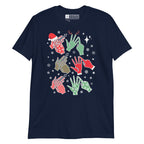 Navy coloured t-shirt with Ho Ho Ho BSL fingerspelling design.