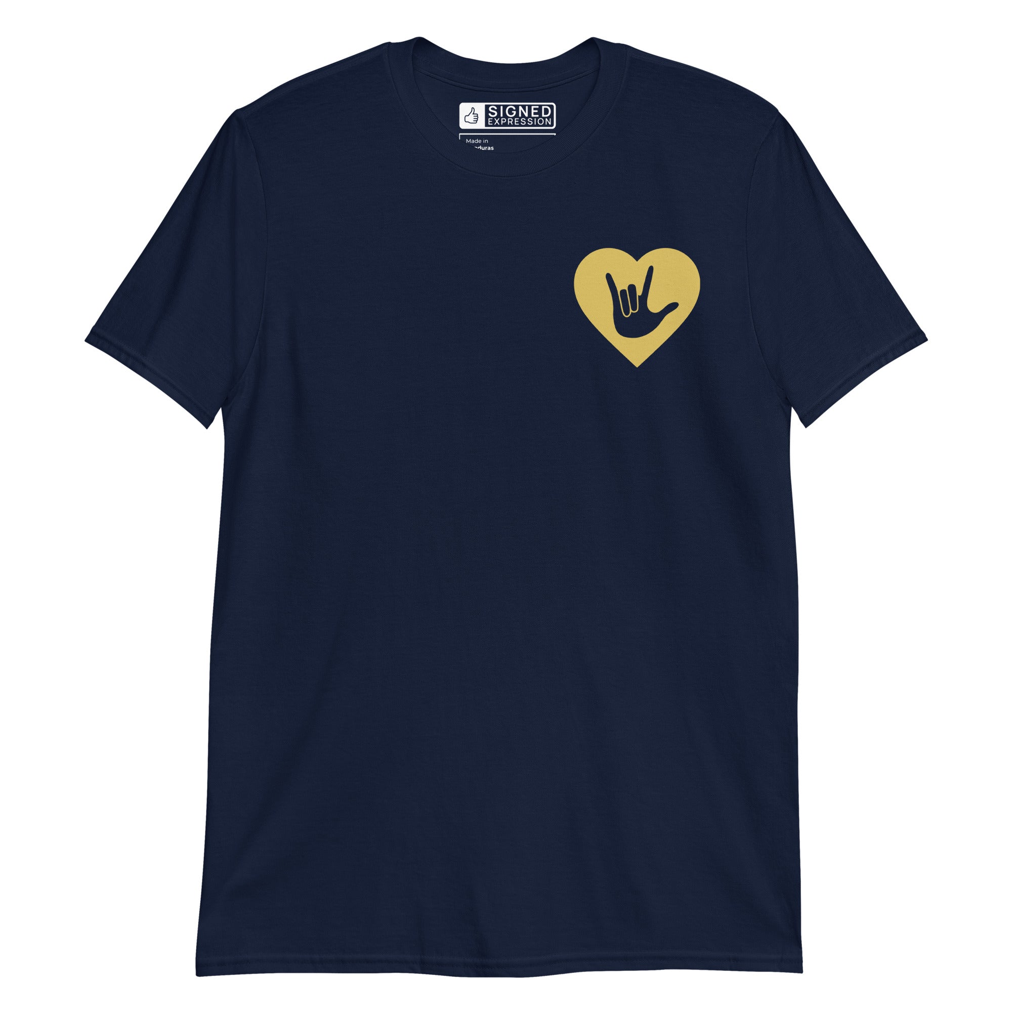 Navy colored T-Shirt showing a gold coloured heart and the iconic ASL I Love You sign embedded in it on the left side of the chest