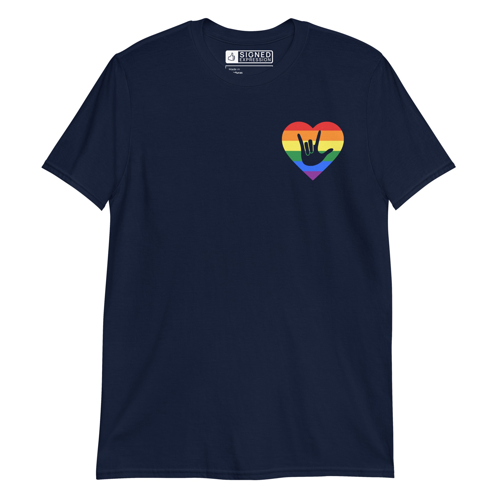 Navy colored T-Shirt showing a pride coloured heart and the iconic ASL I Love You sign embedded in it on the left side of the chest