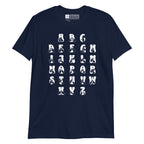 Front view of a navy t-shirt with BSL Alphabet - White Fingerspelling & Text