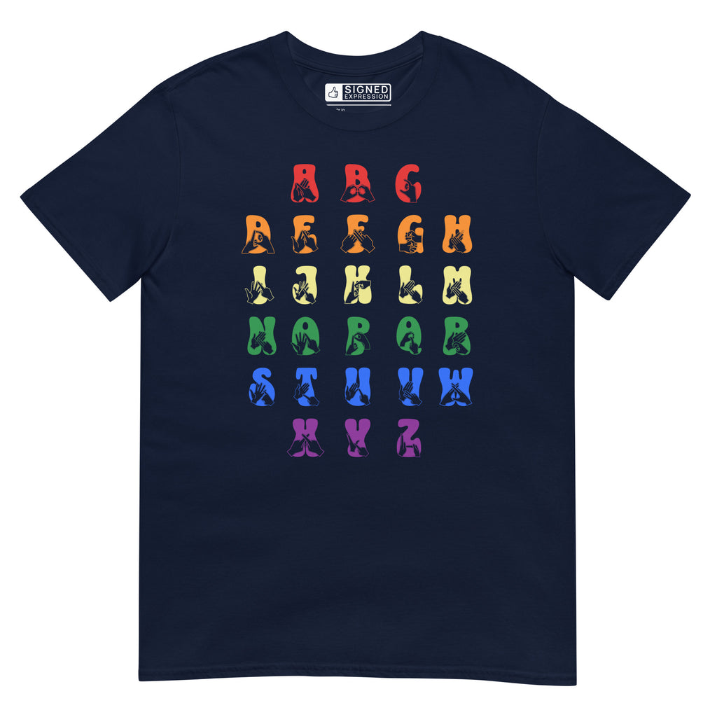 Front view of a navy t-shirt with BSL Alphabet - Pride Fingerspelling & Text