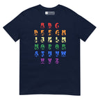Front view of a navy t-shirt with BSL Alphabet - Pride Fingerspelling & Text
