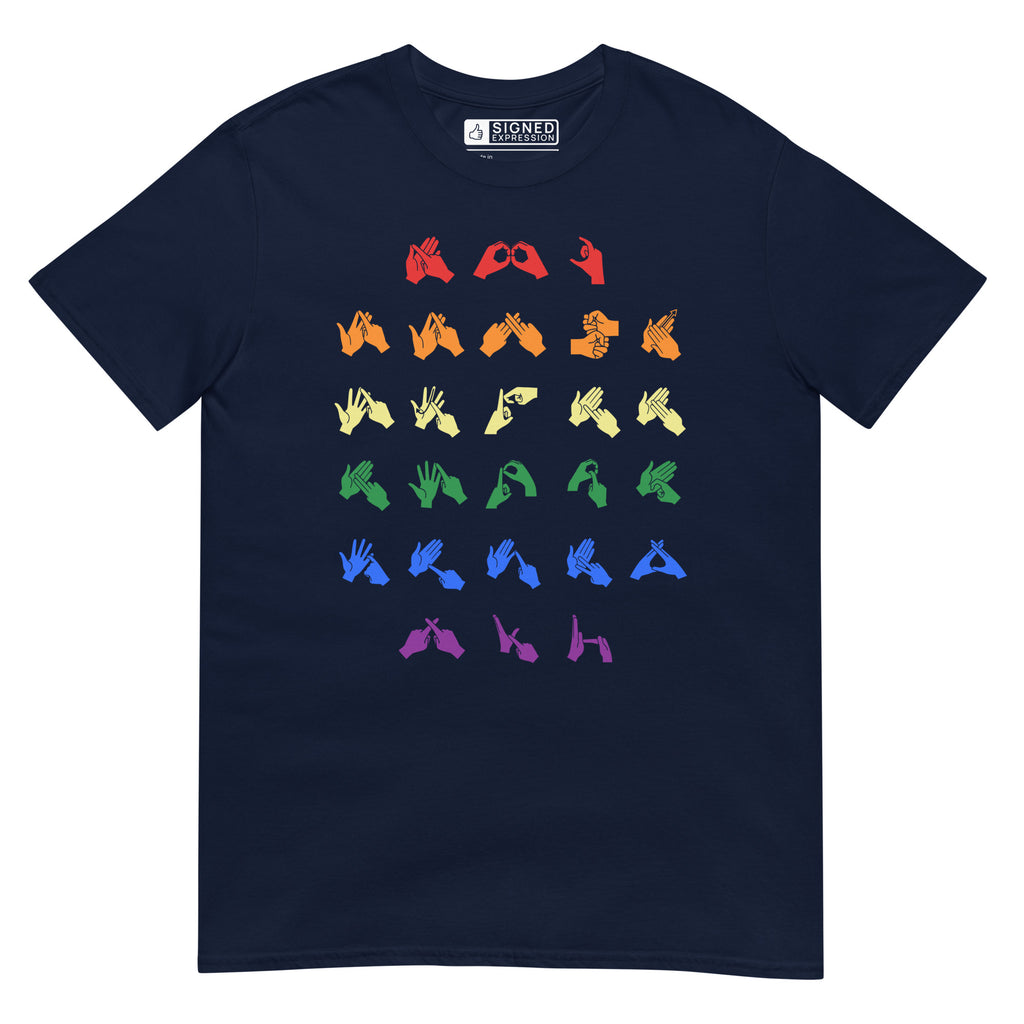 Front view of a navy t-shirt with BSL Alphabet - Pride Fingerspelling