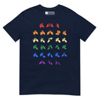 Front view of a navy t-shirt with BSL Alphabet - Pride Fingerspelling