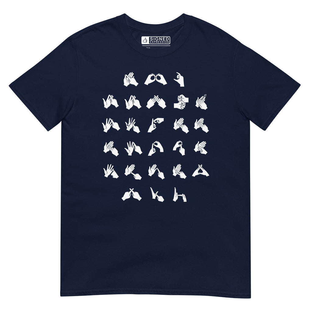 Front view of a navy t-shirt with BSL Alphabet - White Fingerspelling