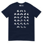Front view of a navy t-shirt with BSL Alphabet - White Fingerspelling