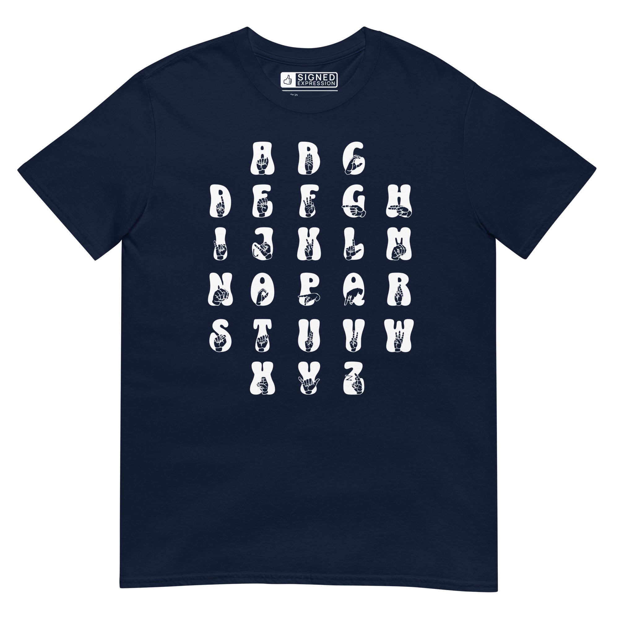 Front view of a navy t-shirt with ASL Alphabet - White Fingerspelling & Text